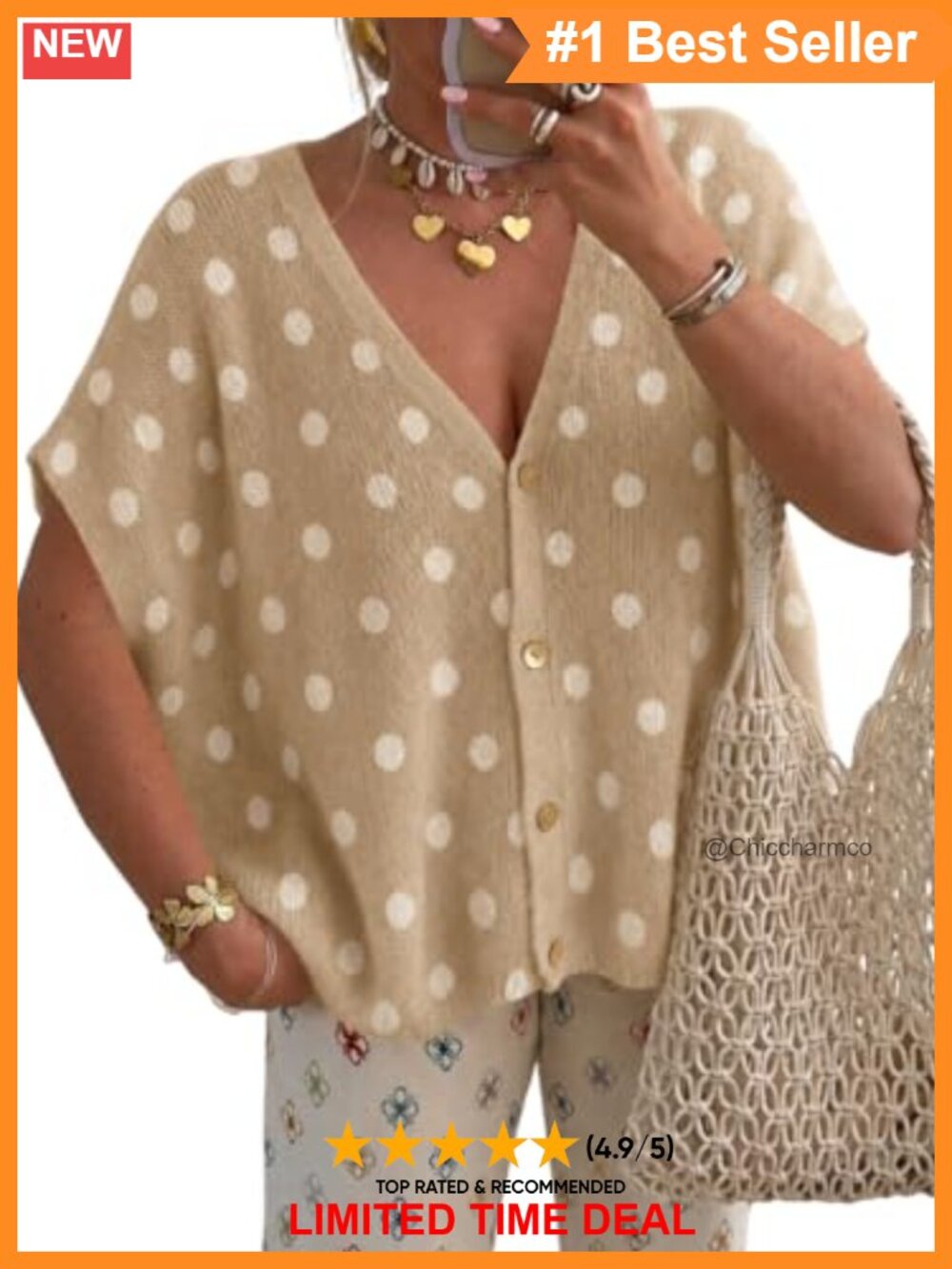 Womens Oversized Polka Dot Knit Cardigan Short Sleeve V Neck Button Down